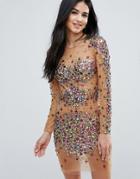Forever Unique Nude Sheer Embellished Mini Bodycon Dress - Multi