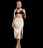 Asyou Body Conscious Satin Midi Skirt With Thigh Slit In Ecru-neutral