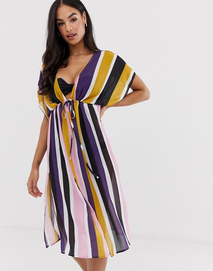 Unique21 Color Block Stripe Tie Front Maxi Caftan - Multi