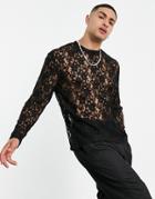 Asos Design Relaxed Long Sleeve T-shirt In Black Lace