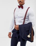 Asos Design Wedding Suspender And Bow Tie Set In Burgundy Stripe And Plain - Red