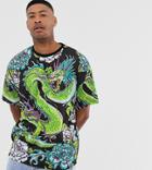 Asos Design Tall Oversized T-shirt With All Over Dragon Print-black