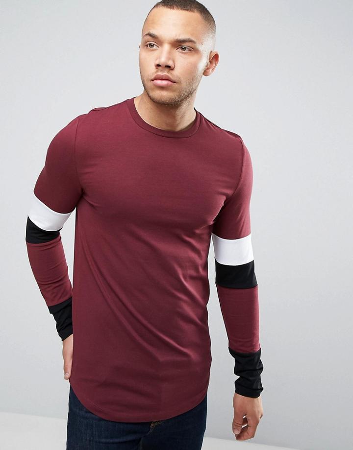 Asos Longline Muscle Long Sleeve T-shirt With Paneled Sleeves And Curved Hem - Red