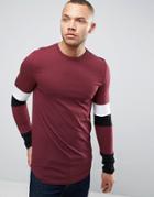 Asos Longline Muscle Long Sleeve T-shirt With Paneled Sleeves And Curved Hem - Red