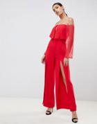 Asos Design Off Shoulder Lace Insert Jumpsuit With Split Leg - Red