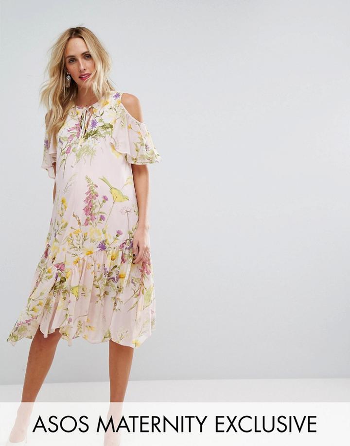 Asos Maternity Floral Cold Shoulder Frill Hem Dress - Multi