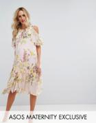Asos Maternity Floral Cold Shoulder Frill Hem Dress - Multi