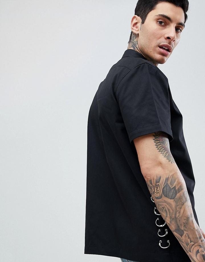 Asos Design Oversized Shirt With Popper Buttons & Ring Detail In Black - Black