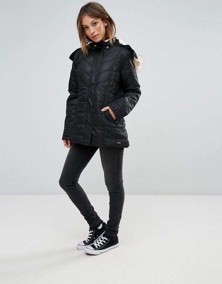Bellfield Simpron Padded Belted Parka With Faux Fur Trim - Black
