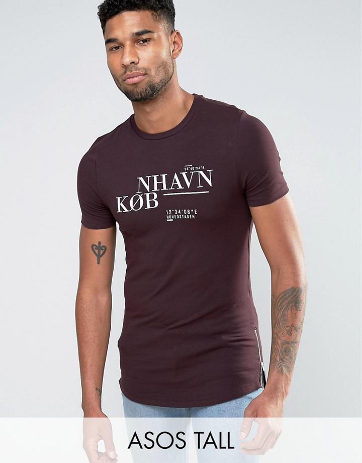 Asos Tall Longline Muscle T-shirt With Kobenhavn Print And Side Zips - Purple