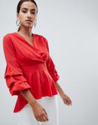 Ax Paris Wrap Front Shirt With Frill Sleeve - Red