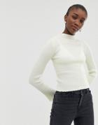 Asos Design Lettuce Trim Ribbed Sweater-cream