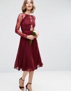 Asos Wedding Pretty Lace Eyelash Pleated Midi Dress - Red