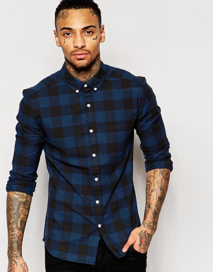Asos Skinny Shirt In Navy Buffalo Plaid With Long Sleeves - Navy