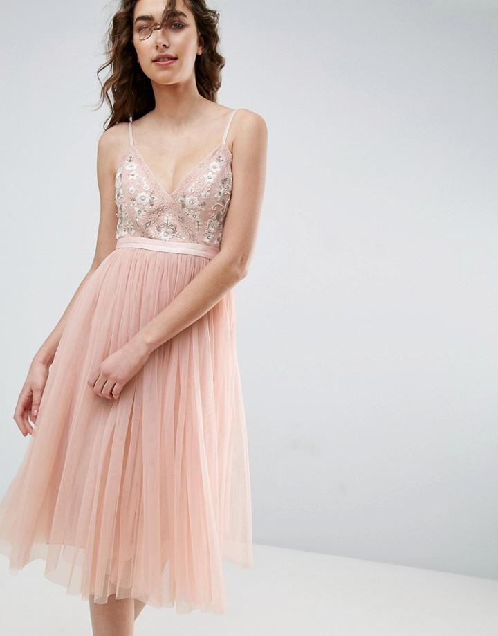 Needle And Thread Embroidered Tulle Midi Dress - Pink