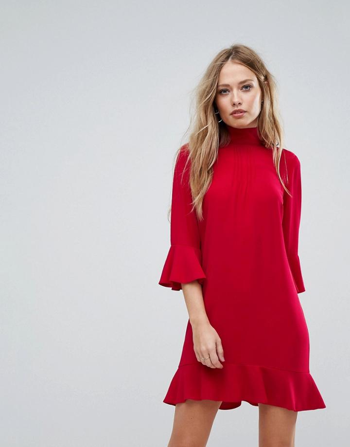 Sisley High Neck Dress With Frill Sleeves - Red