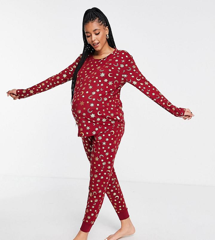 Chelsea Peers Maternity Poly Long Sleeve Top And Jogger Pyjama Set In Wine And Gold Foil Celestial Print - Burgundy-red