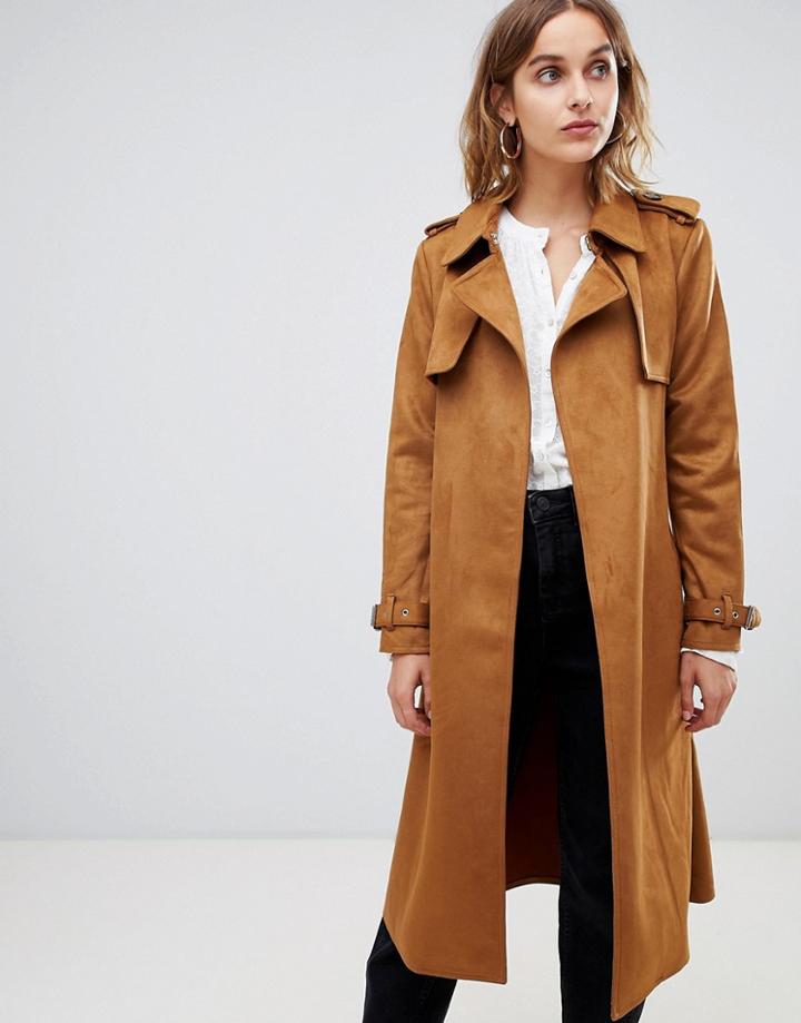Warehouse Suedette Trench Coat In Tan - Brown