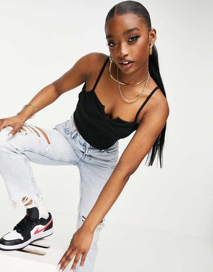 Asos Design Cropped Cami With Notch Detail In Rib In Black