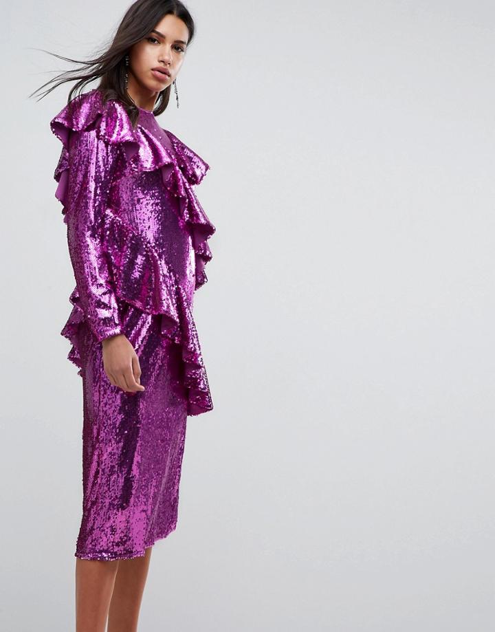 Asos Embellished Deconstructed All Over Sequin Midi Dress-pink