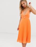 Asos Design Cami Midi Dress With Pleat Skirt And Knot Bodice-orange
