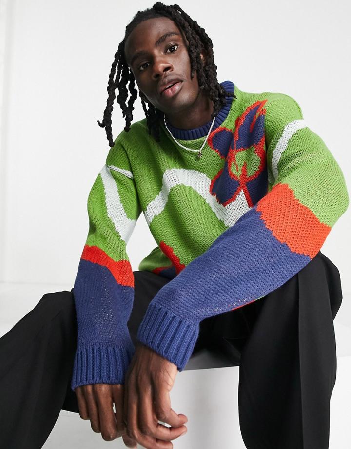Asos Design Long Sleeve Sweater With Floral Stripe Pattern-multi