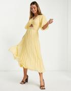Asos Design Lace Insert Cut Out Textured Pleated Midi Dress In Lemon Yellow
