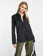 Topshop Raw Edge Satin Shirt In Black