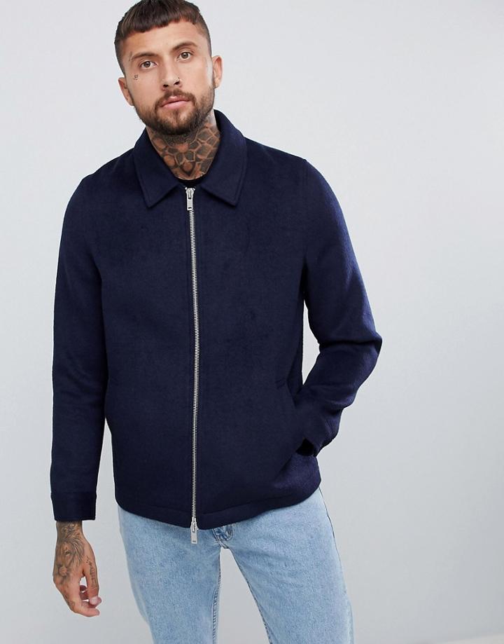 Asos Design Wool Mix Zip Through Jacket In Navy - Navy