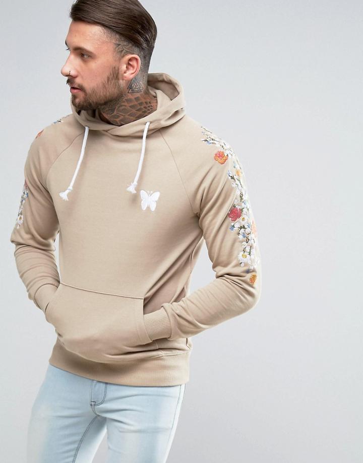 Good For Nothing Hoodie In Stone With Embroidered Floral Sleeves - Stone