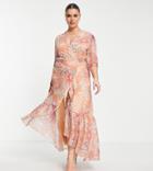 Hope & Ivy Plus Wrap Maxi Tea Dress In Coral Floral-white