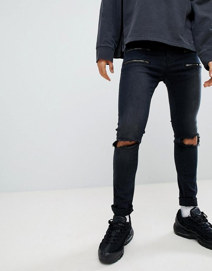 Liquor N Poker Black Skinny Jeans With Double Zips - Black