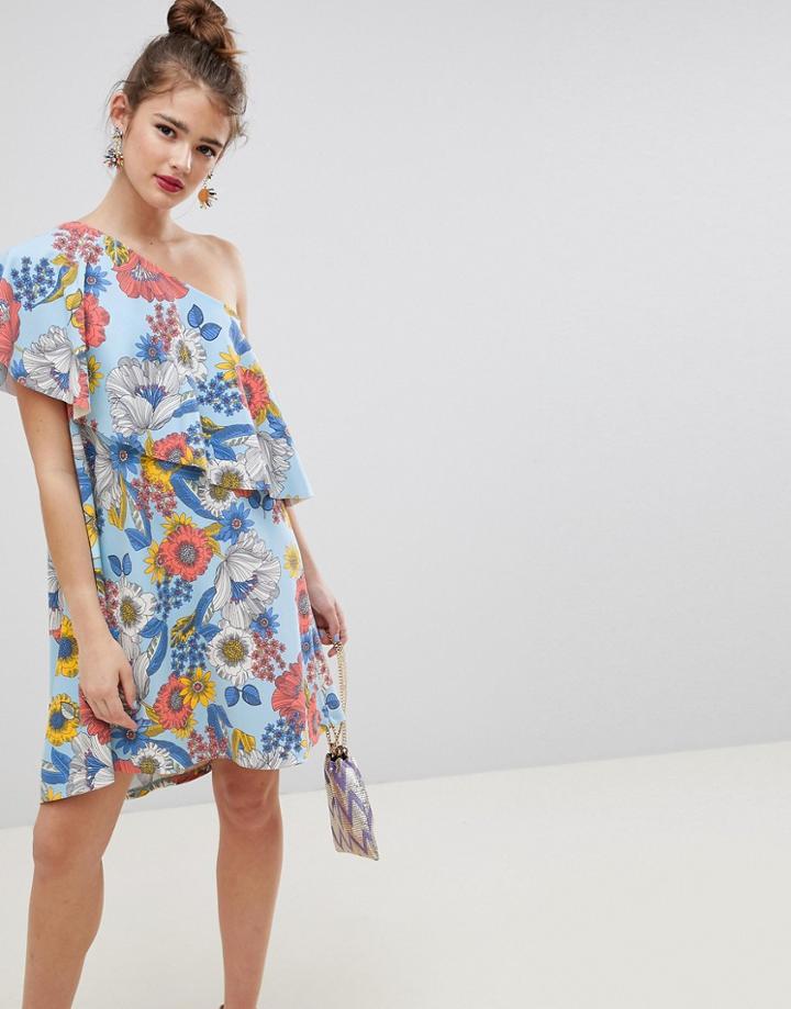 Asos Design One Shoulder Cape Dress With Hi Lo Hem In Retro Floral - Multi