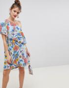 Asos Design One Shoulder Cape Dress With Hi Lo Hem In Retro Floral - Multi