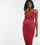 Asos Design Maternity Cami Midi Dress With Wrap Waist In Satin-red