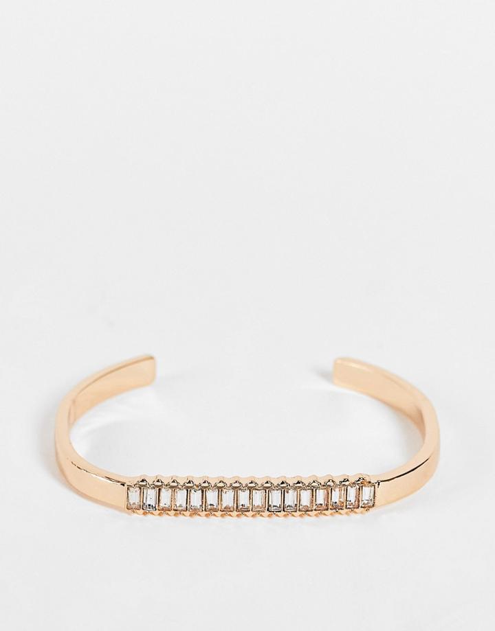 Asos Design Cuff Bracelet With Baguette Crystal In Gold Tone