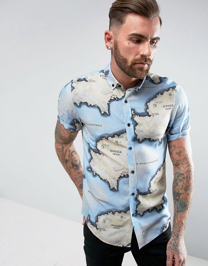 Asos Festival Regular Fit Shirt In Vintage Ibiza Print - Blue
