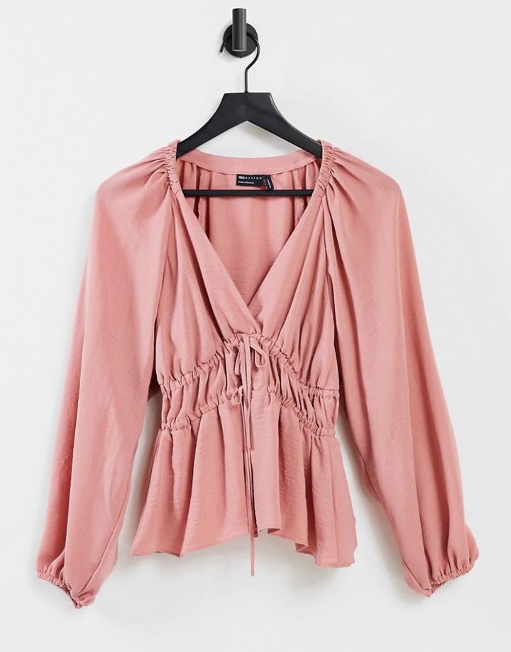 Asos Design Long Sleeve V Neck Top With Kimono Sleeve And Tie Front In Antique Rose-no Color