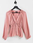 Asos Design Long Sleeve V Neck Top With Kimono Sleeve And Tie Front In Antique Rose-no Color