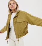 Weekday Lightweight Hooded Bomber Jacket With Drawstring In Olive Green-yellow
