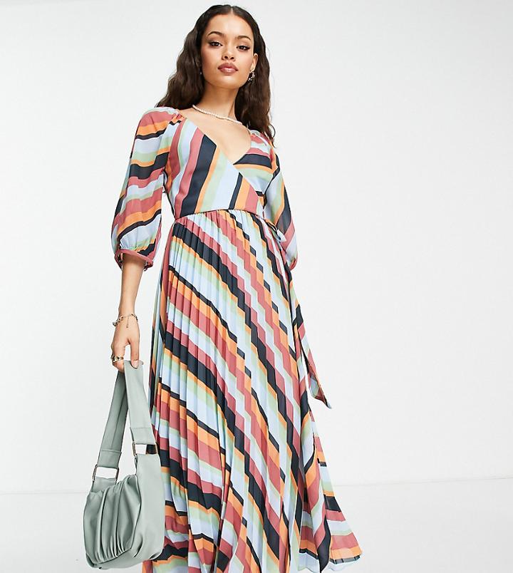 Asos Design Petite Pleated Wrap Maxi Dress In Multi Stripe