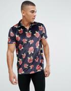 Asos Polo In All Over Floral Print Velour With Revere Collar - Black