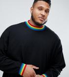 Asos Design Plus Oversized Longline Long Sleeve T-shirt With Rainbow Neck And Cuff In Black - Black