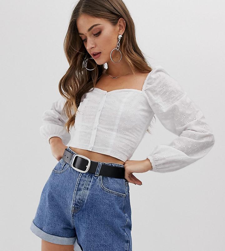 Stradivarius Broderie Button Front Blouse With Square Neck In White