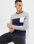Asos Design Long Sleeve T-shirt With Contrast Yoke And Pocket In Navy - Navy