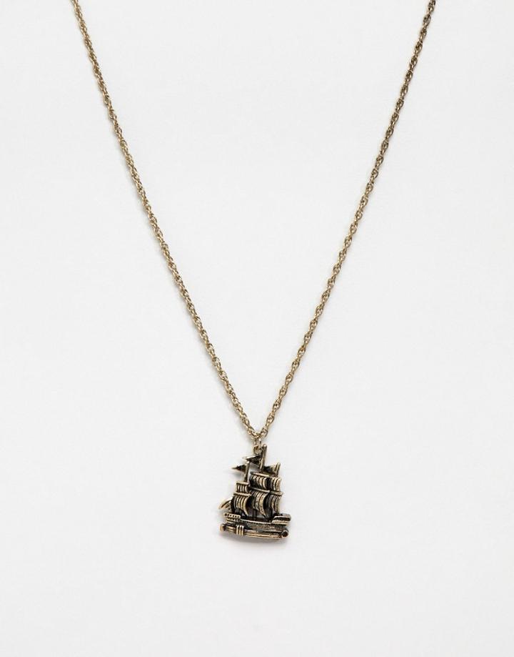 Asos Design Necklace With Ship In Burnished Gold - Gold