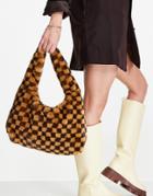 Topshop Checkerboard Fur Shoulder Bag In Brown