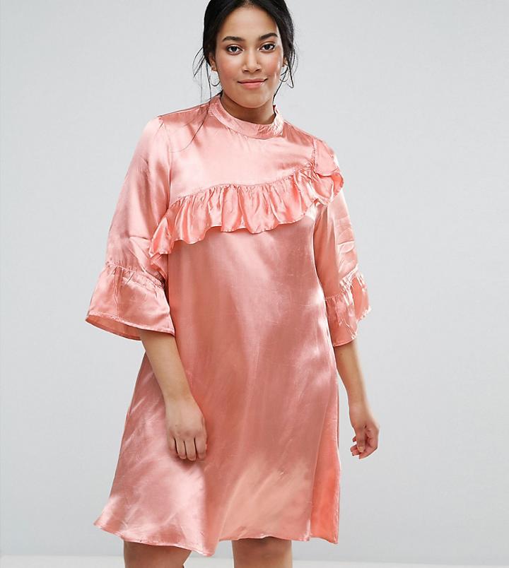 Asos Curve Premium Shift Mini Dress In Satin With Ruffle Trim - Multi