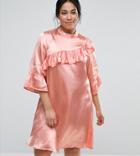 Asos Curve Premium Shift Mini Dress In Satin With Ruffle Trim - Multi