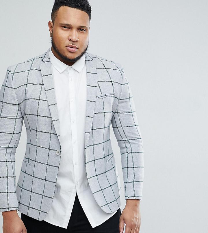 Asos Plus Super Skinny Blazer In Gray Wool Mix With Green Windowpane Check - Gray